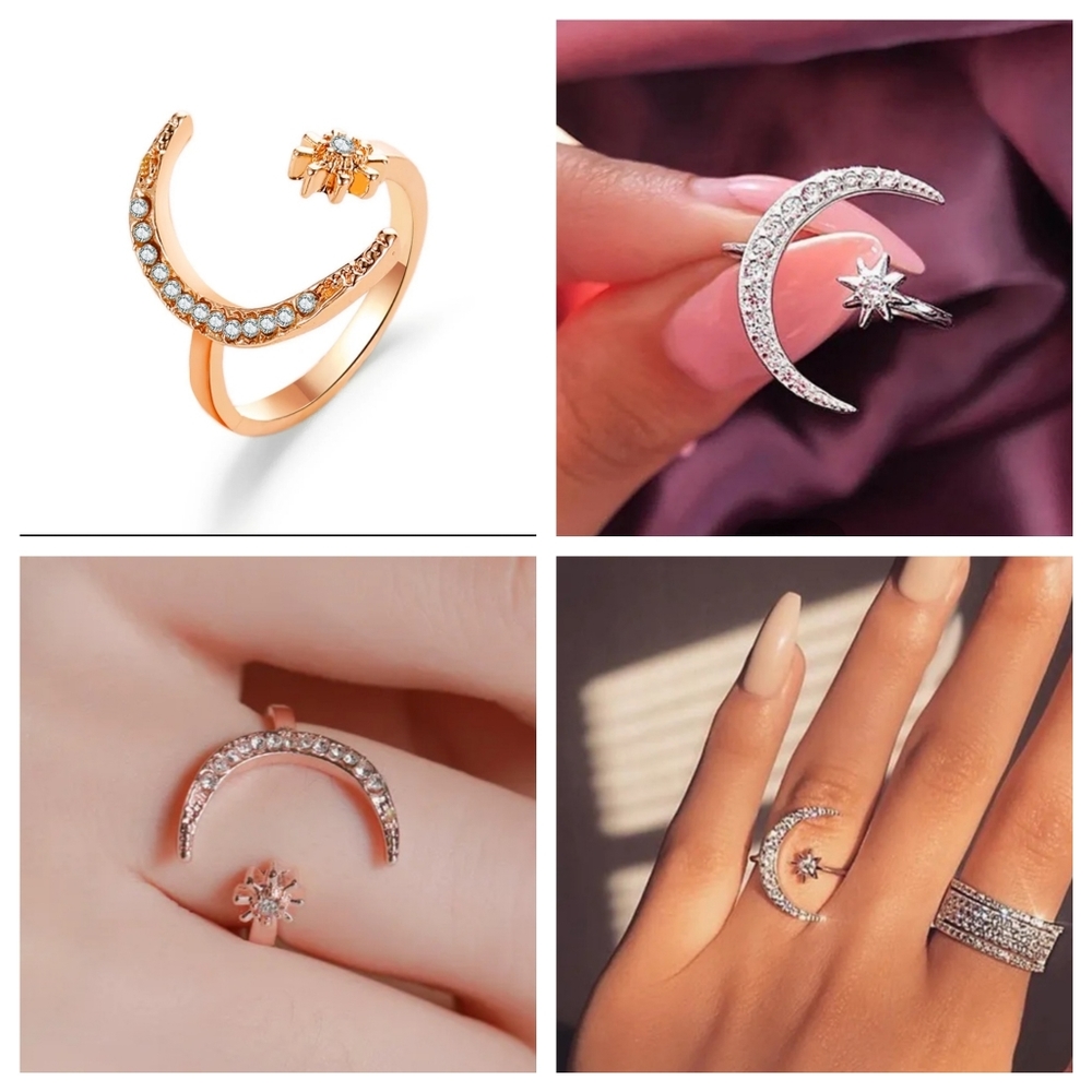SEE OTHERS IN SILVER GOLD Moon & Star Ring, Rhinestone & Rose Gold Tone - Picture 7 of 11